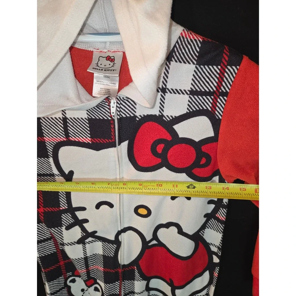 Kids Hello‎ Kitty Plaid Hooded Pajama Onepiece Sleepwear S 6/6x Red Black White